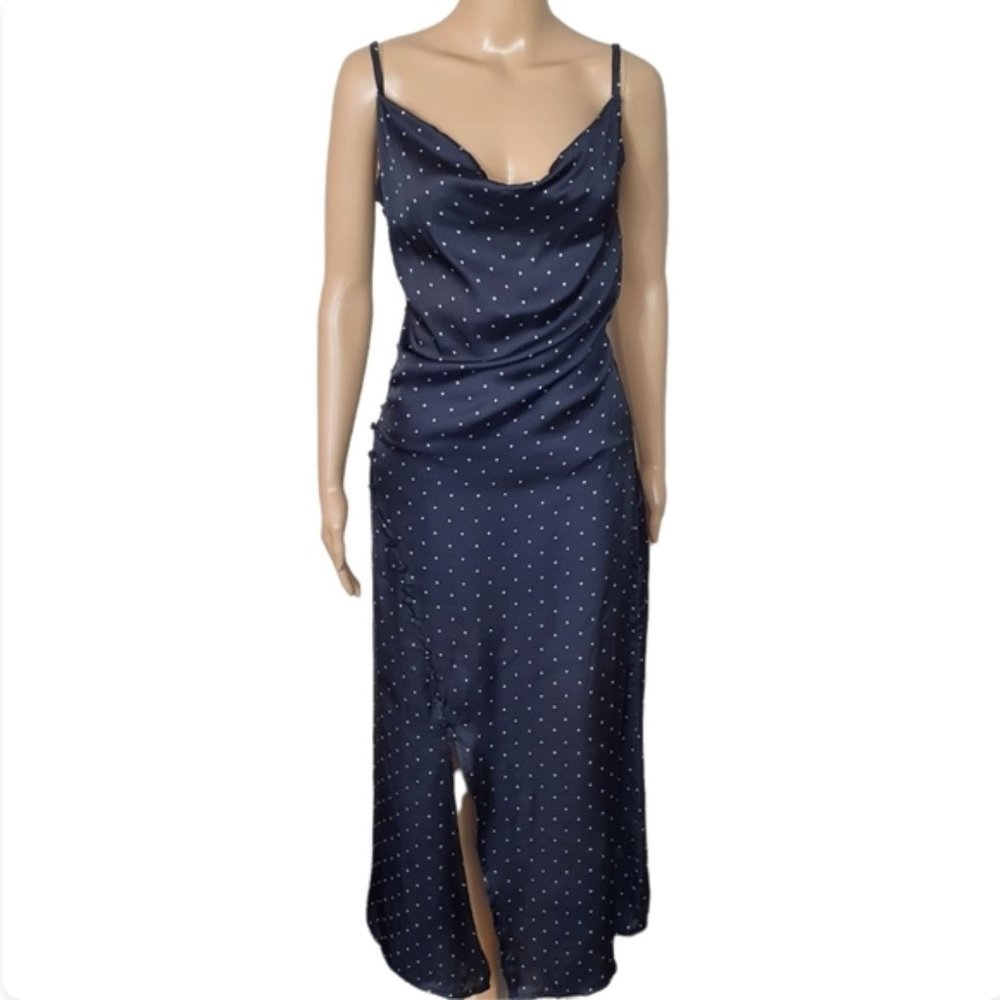 Cowl Neck  Slip Dress Satin Draped Slit Midi size 8 polka dot black white midi